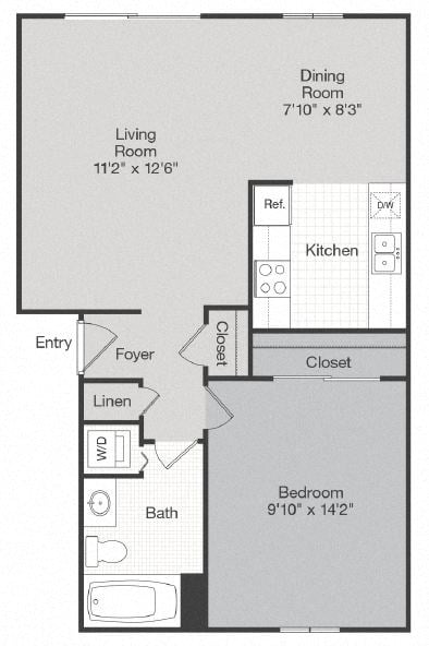 Floor plan for 1 bed, 1 bath, 700 sqft